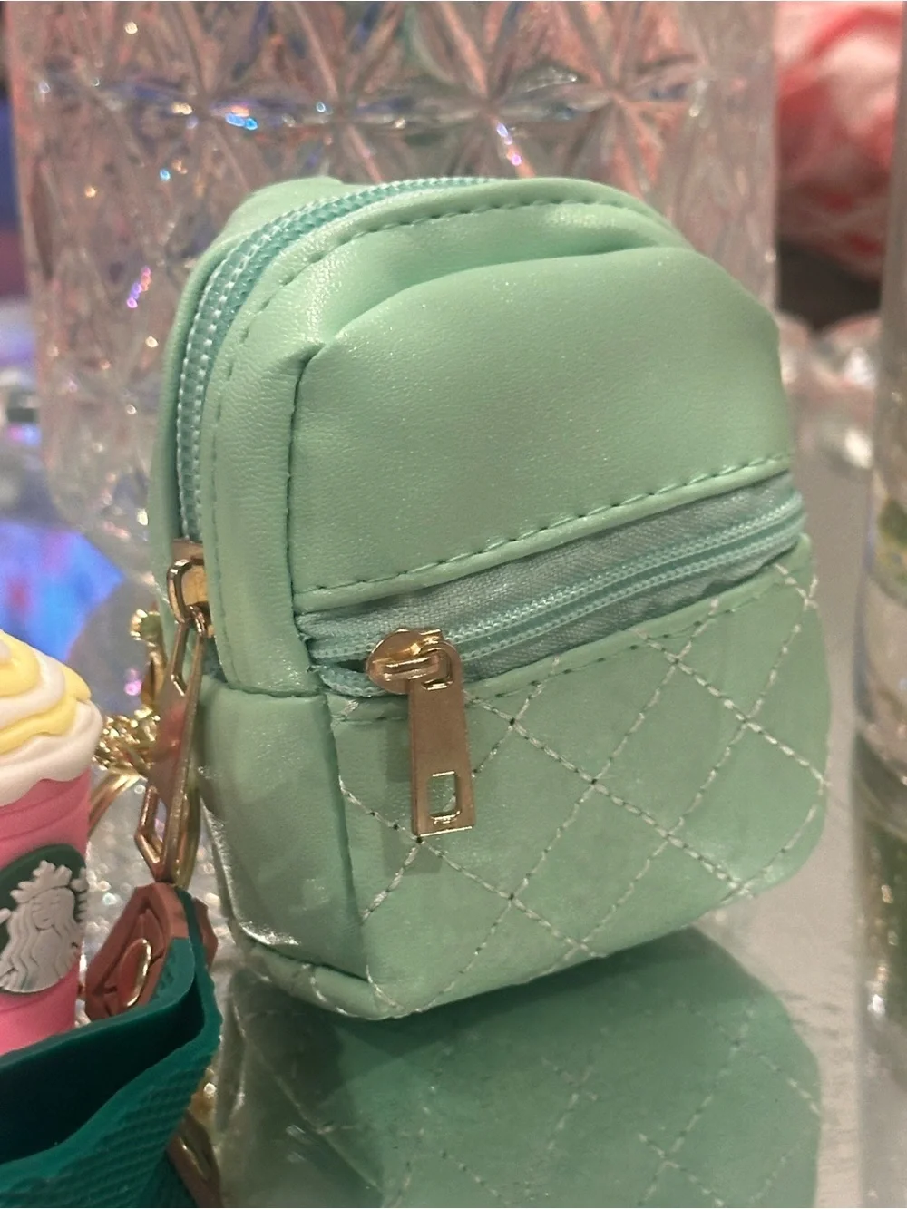 Starbucks Kids Mint Green Mini Backpack Keychain with Pink Drink Charm